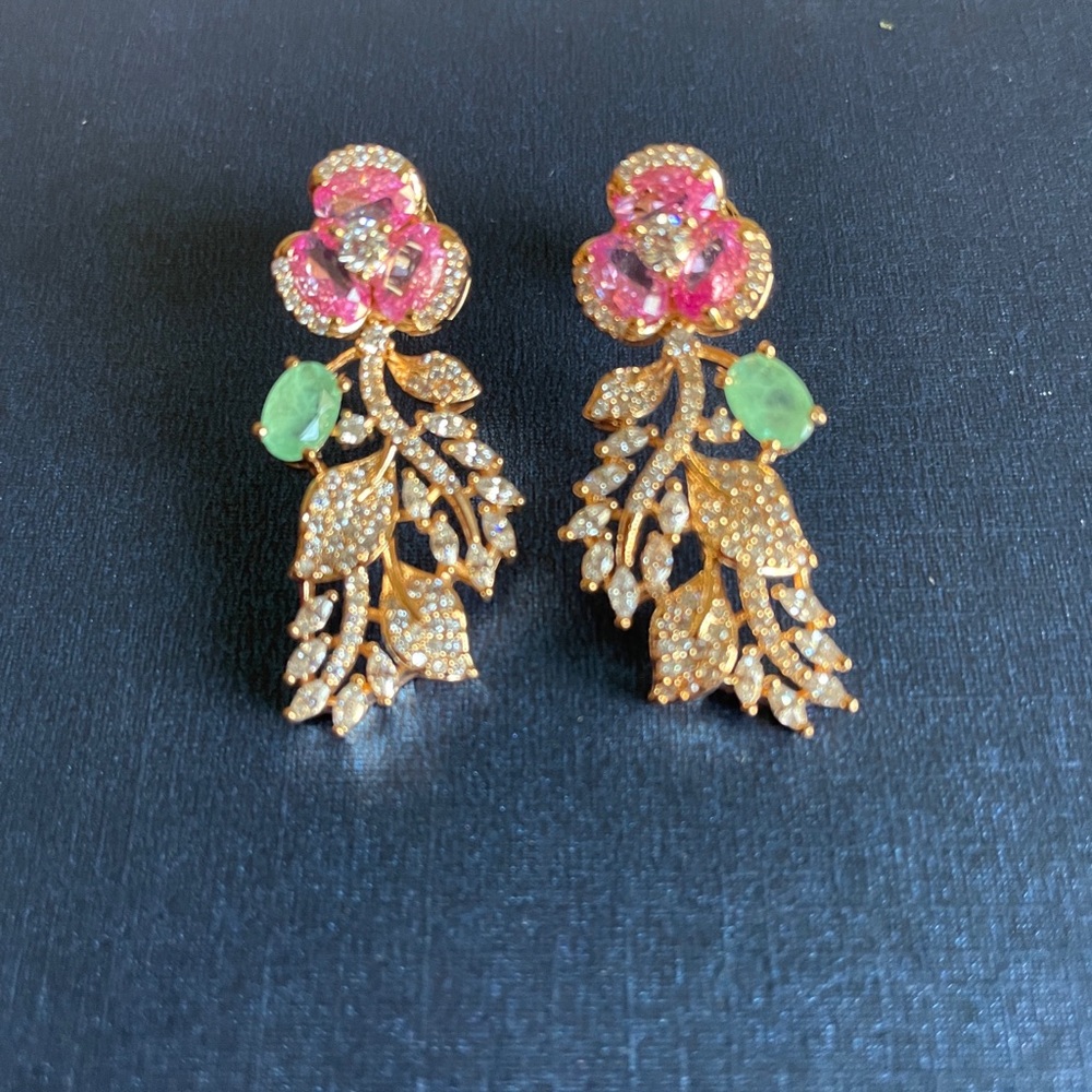 Gold Floral Drop Earrings with Pink and Green Accents